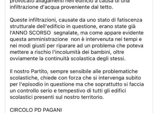 Pagani : Partito Democratico “La Scuola e la sicurezza dei nostri Bambini prima di tutto”